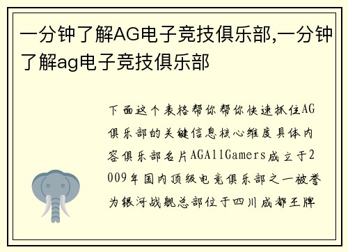 一分钟了解AG电子竞技俱乐部,一分钟了解ag电子竞技俱乐部